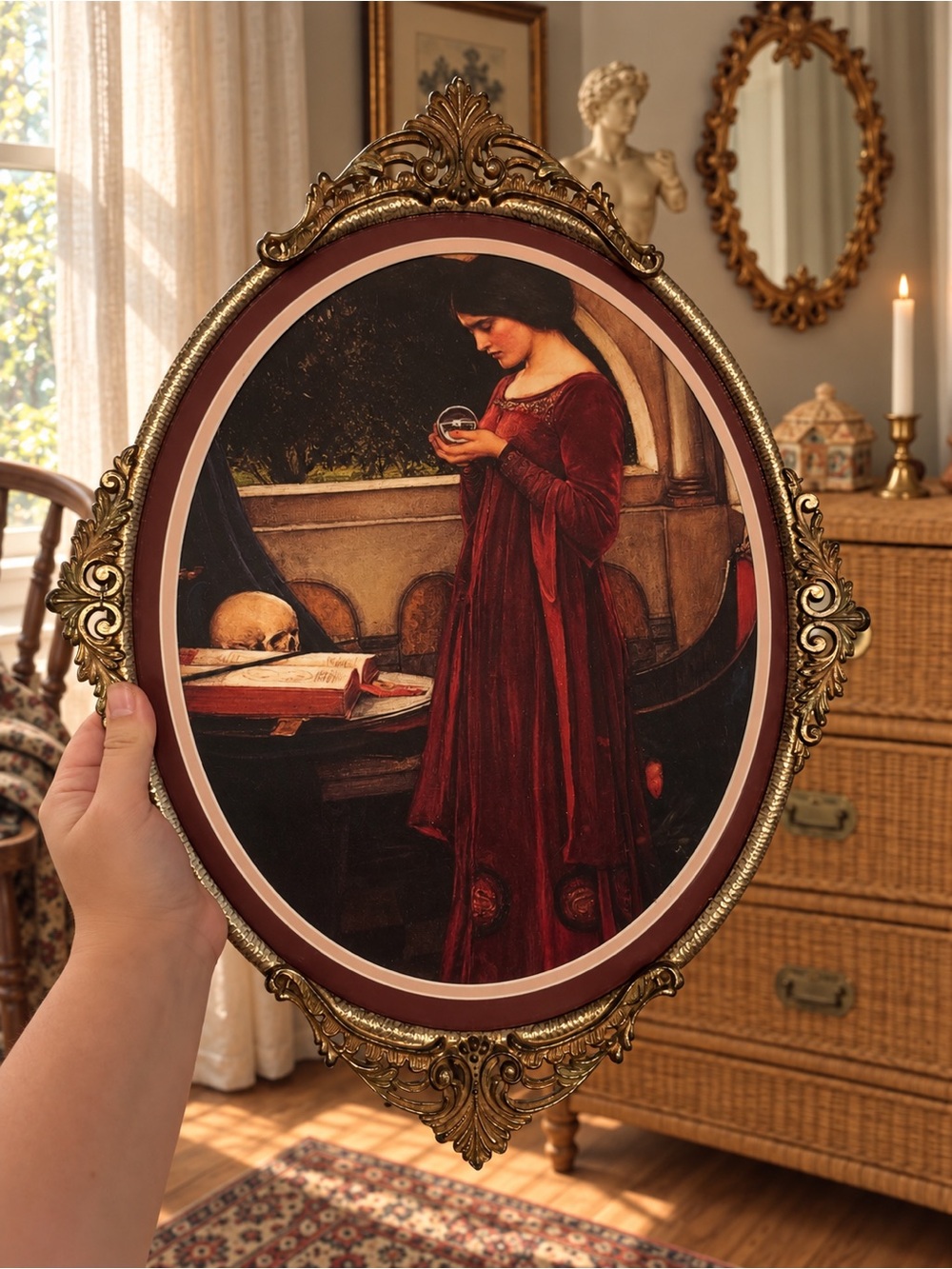 Antique Ornate Gold Oval Frame with The Crystal Ball (1902) by Waterhouse